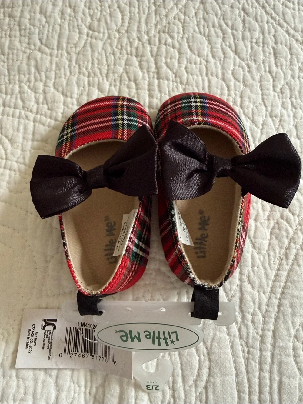 ✅Little Me Red Plaid Baby Shoes with Black Bows